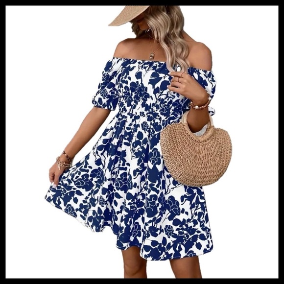 BOUTIQUE Blue and White Off The Shoulder Puff Sleeve Sundress - Picture 1 of 9